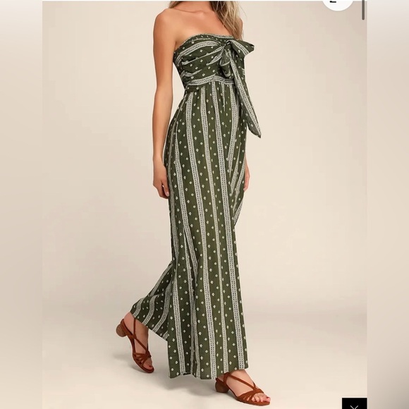 Lulus Raine Olive Green Print Strapless Jumpsuit Wide Leg Small Boho - Picture 2 of 8